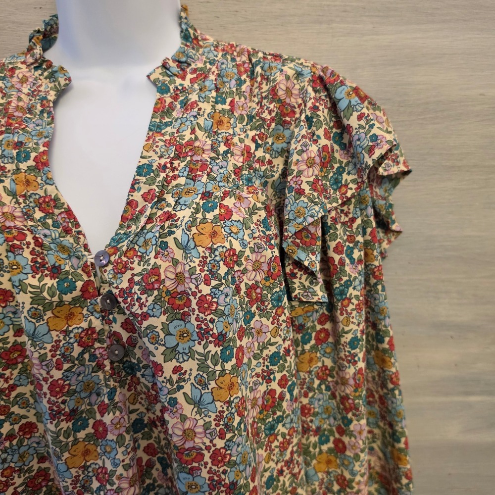 Entro Multicolor Floral Print Vneck Balloon Sleeve Blouse Size Medium GC - Picture 3 of 7